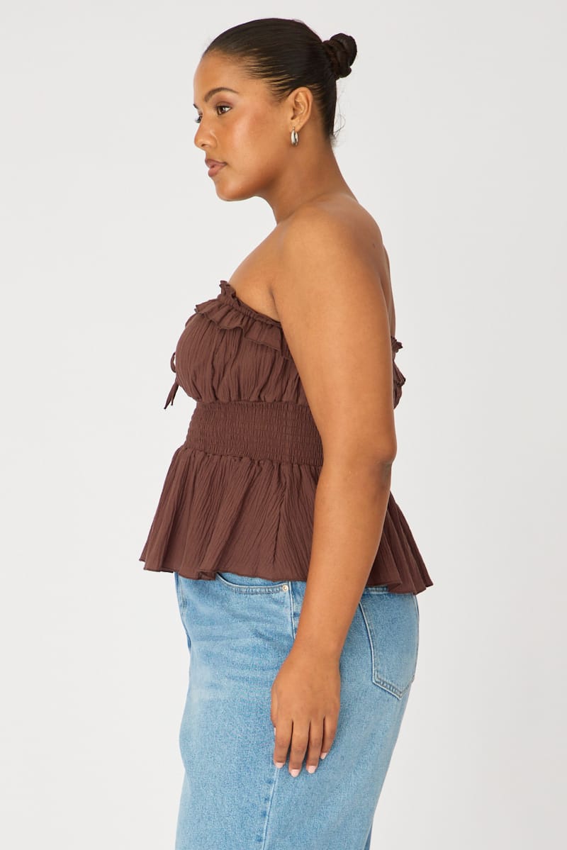Brown Strapless Top Ruched Bust Frill for YouandAll Fashion