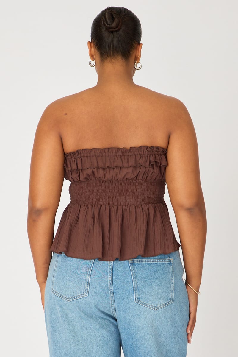 Brown Strapless Top Ruched Bust Frill for YouandAll Fashion