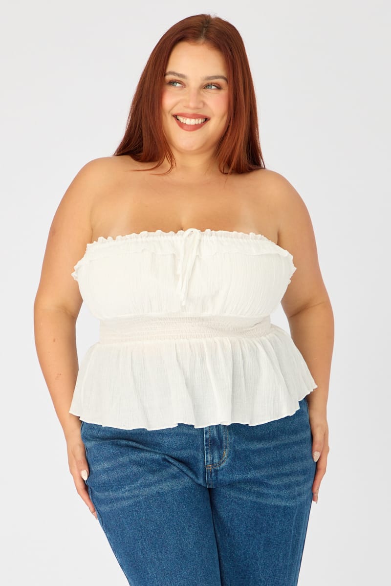 White Strapless Top Ruched Bust Frill for YouandAll Fashion