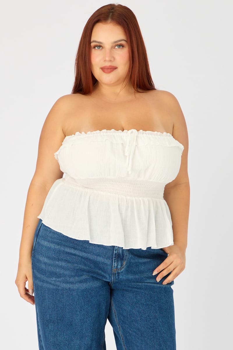 White Strapless Top Ruched Bust Frill for YouandAll Fashion