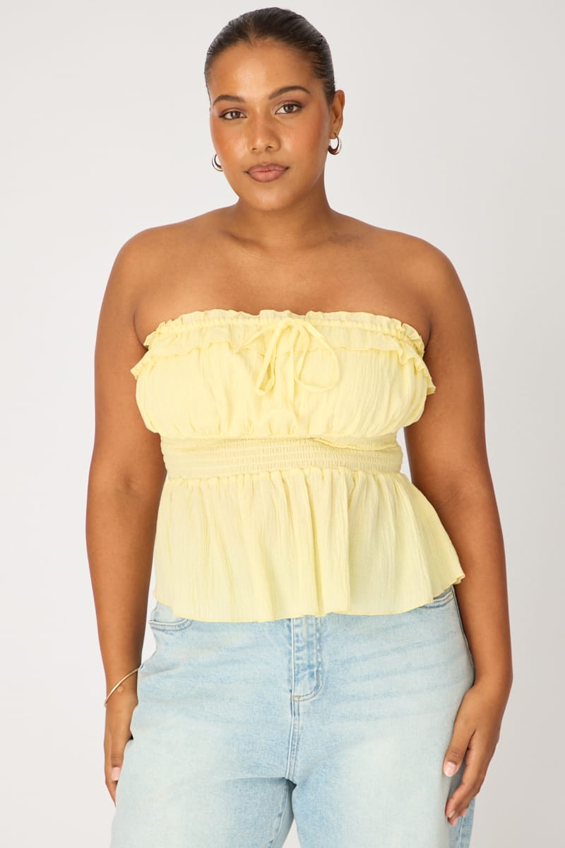 Yellow Strapless Top Ruched Bust Frill for YouandAll Fashion
