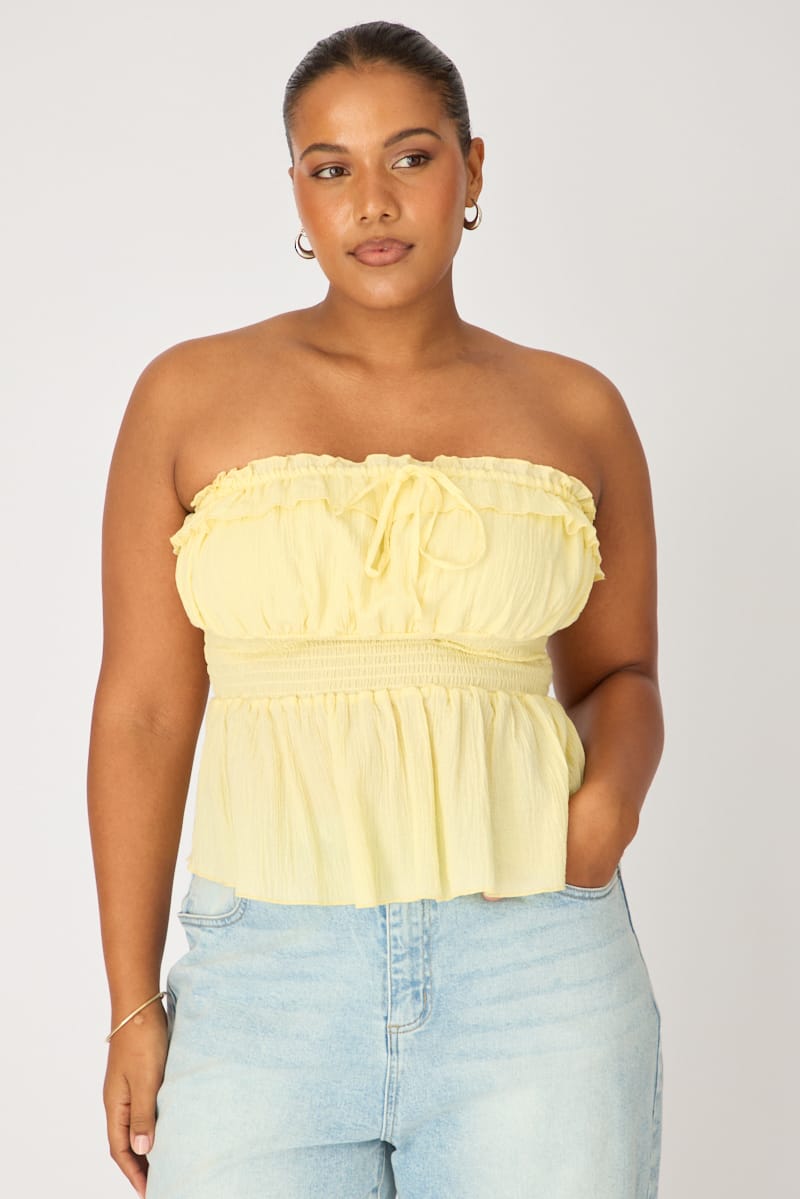 Yellow Strapless Top Ruched Bust Frill for YouandAll Fashion