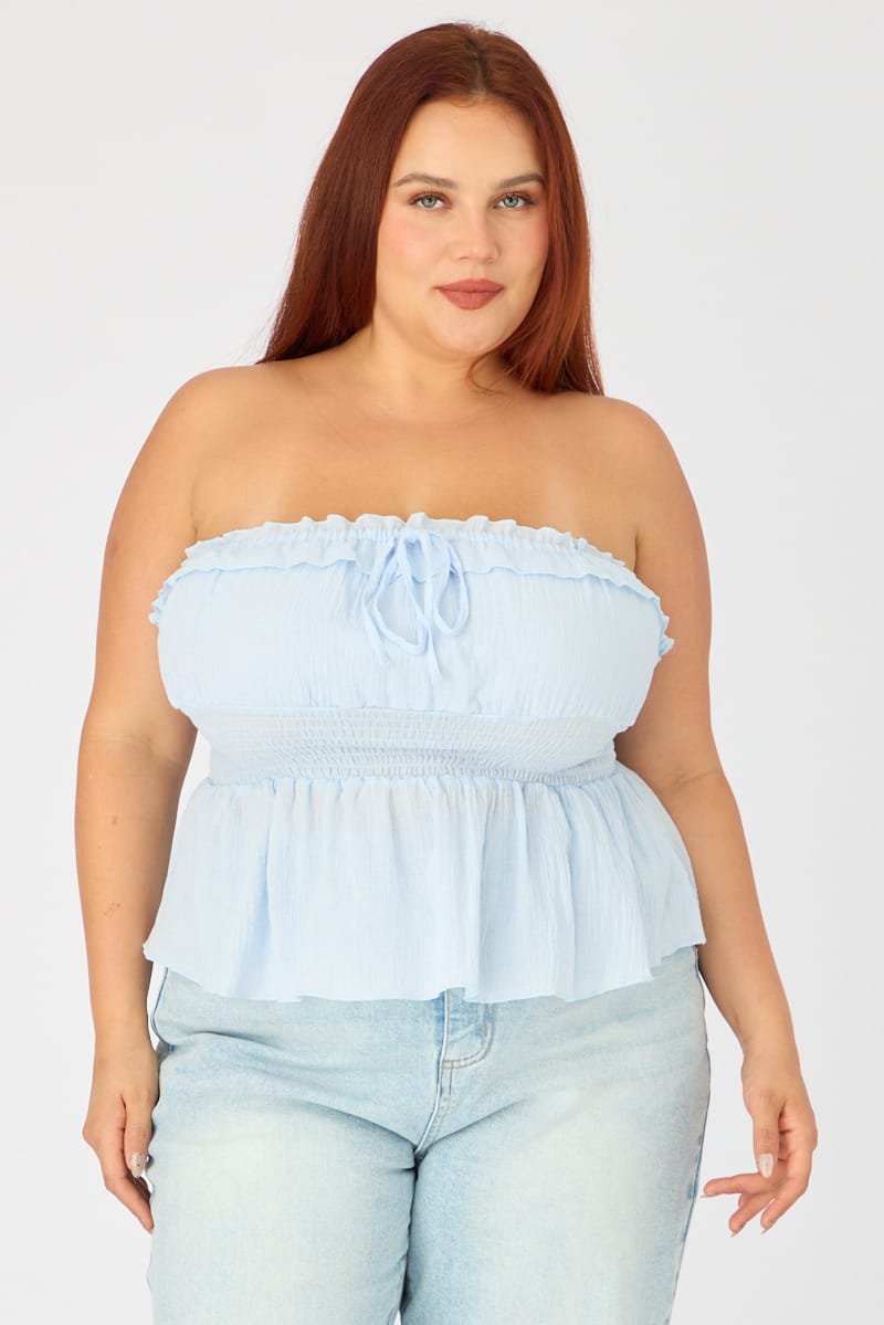 Blue Strapless Top Ruched Bust Frill for YouandAll Fashion