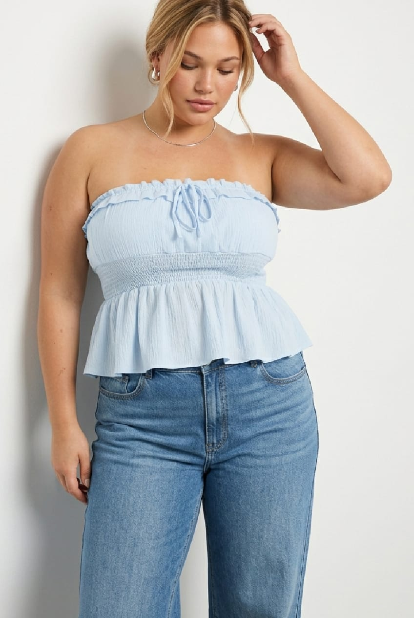 Blue Strapless Top Ruched Bust Frill for YouandAll Fashion