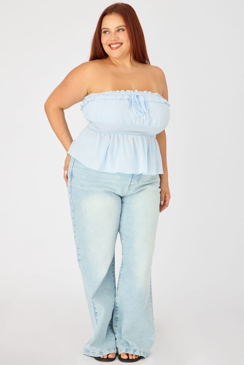 Blue Strapless Top Ruched Bust Frill for YouandAll Fashion