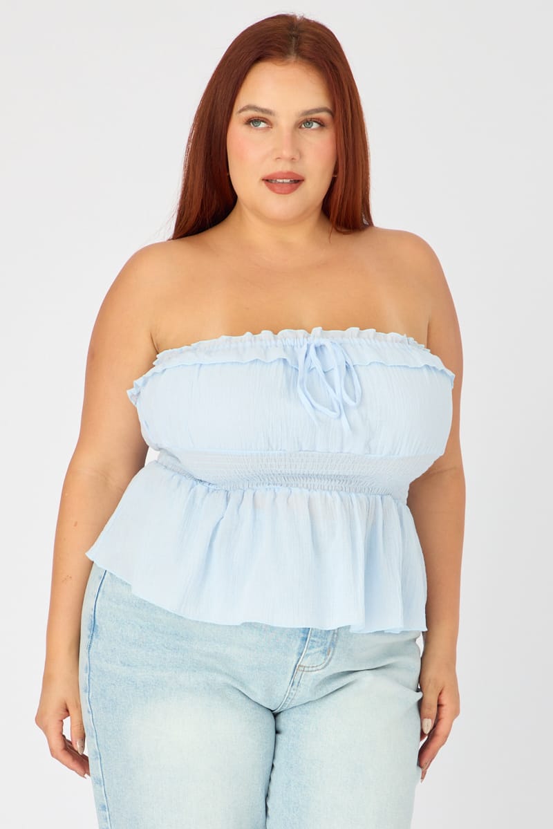 Blue Strapless Top Ruched Bust Frill for YouandAll Fashion