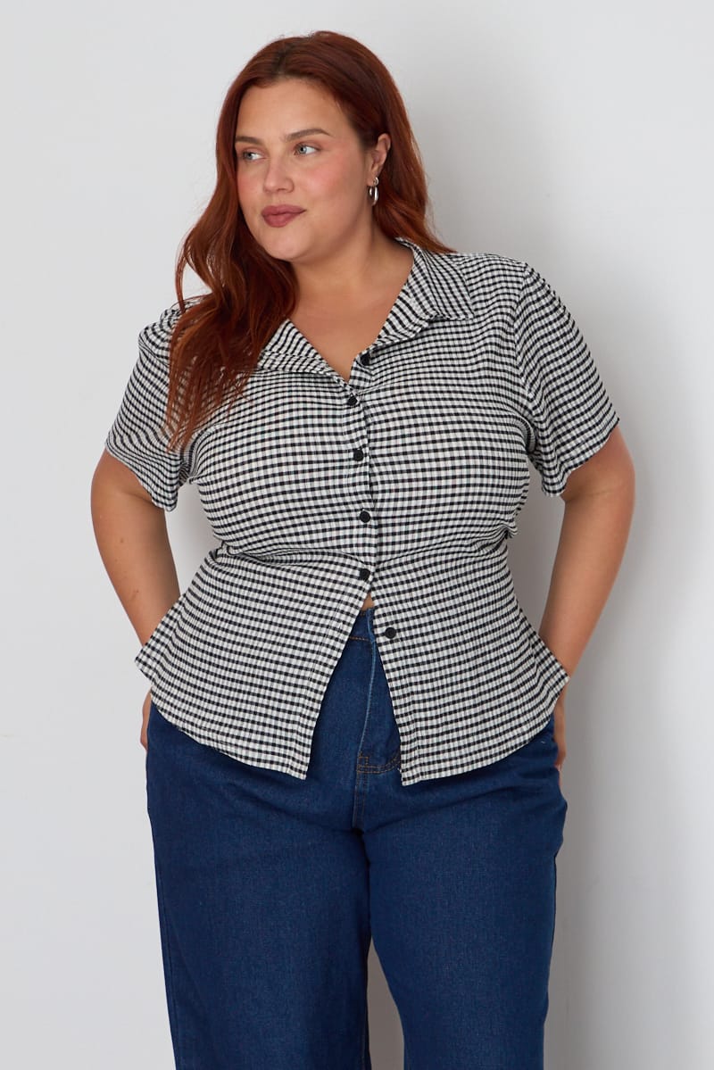 Black Check Fitted Shirt Long Sleeve Tie Back for YouandAll Fashion
