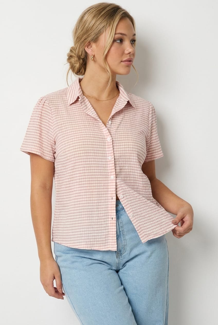 Pink Check Fitted Shirt Long Sleeve Tie Back for YouandAll Fashion
