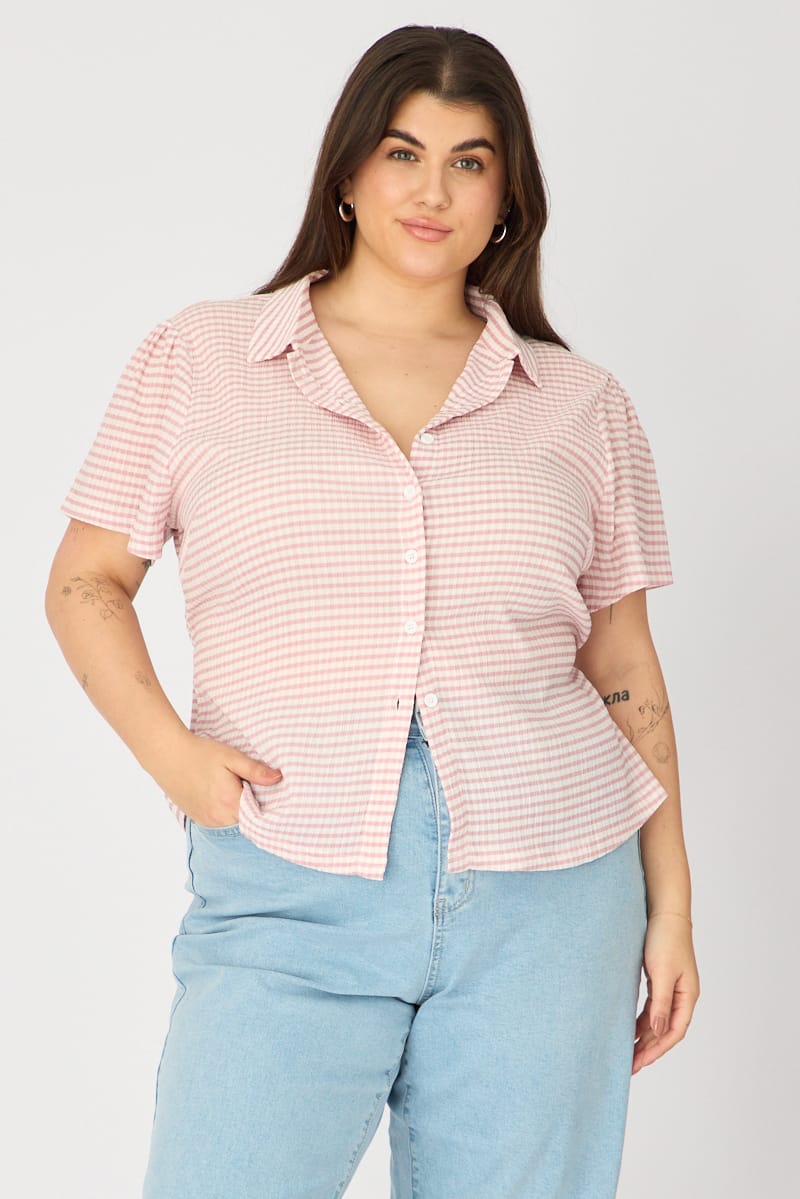 Pink Check Fitted Shirt Long Sleeve Tie Back for YouandAll Fashion