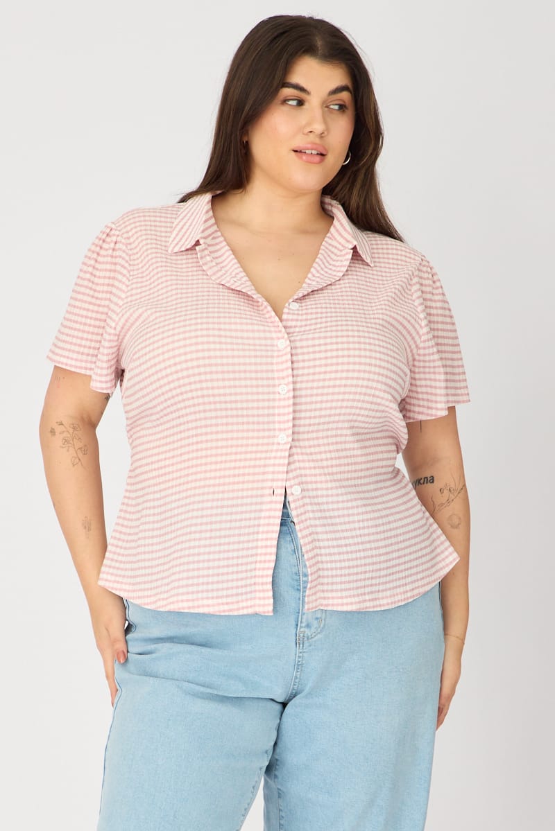 Pink Check Fitted Shirt Long Sleeve Tie Back for YouandAll Fashion