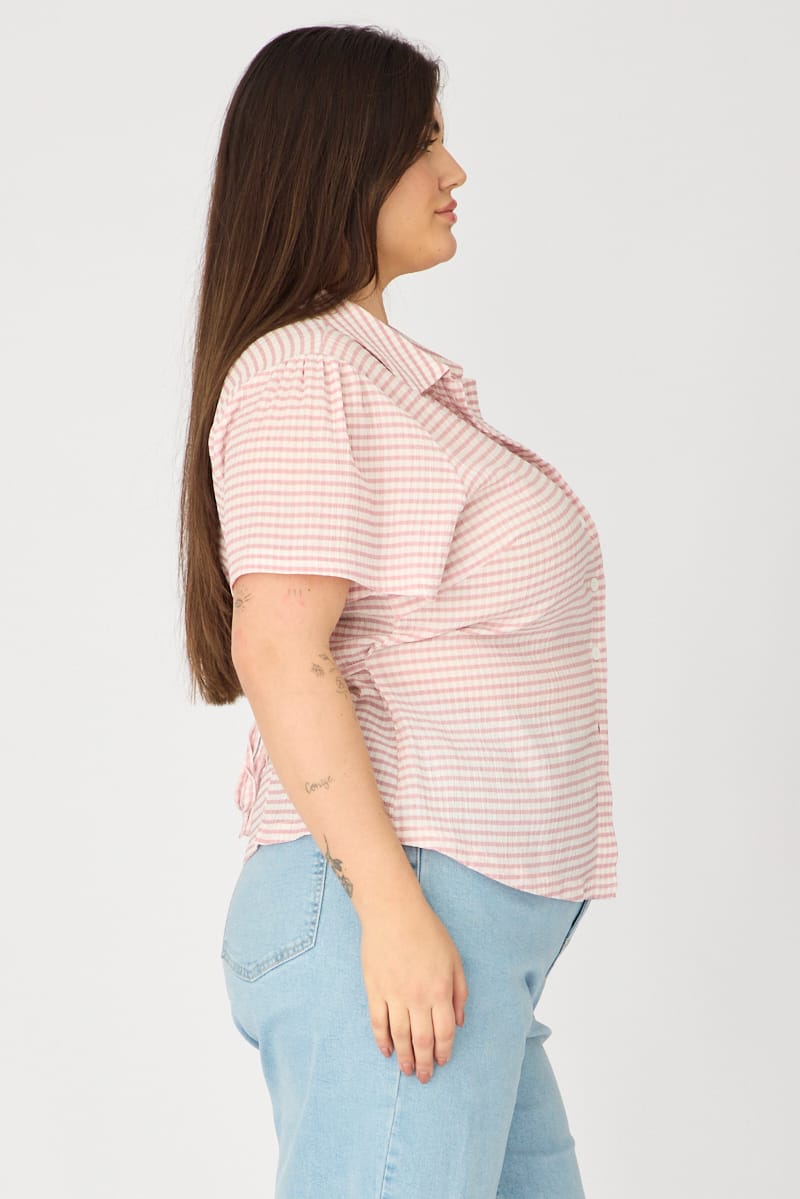 Pink Check Fitted Shirt Long Sleeve Tie Back for YouandAll Fashion
