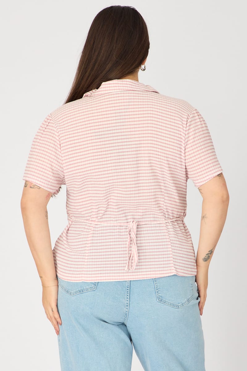 Pink Check Fitted Shirt Long Sleeve Tie Back for YouandAll Fashion