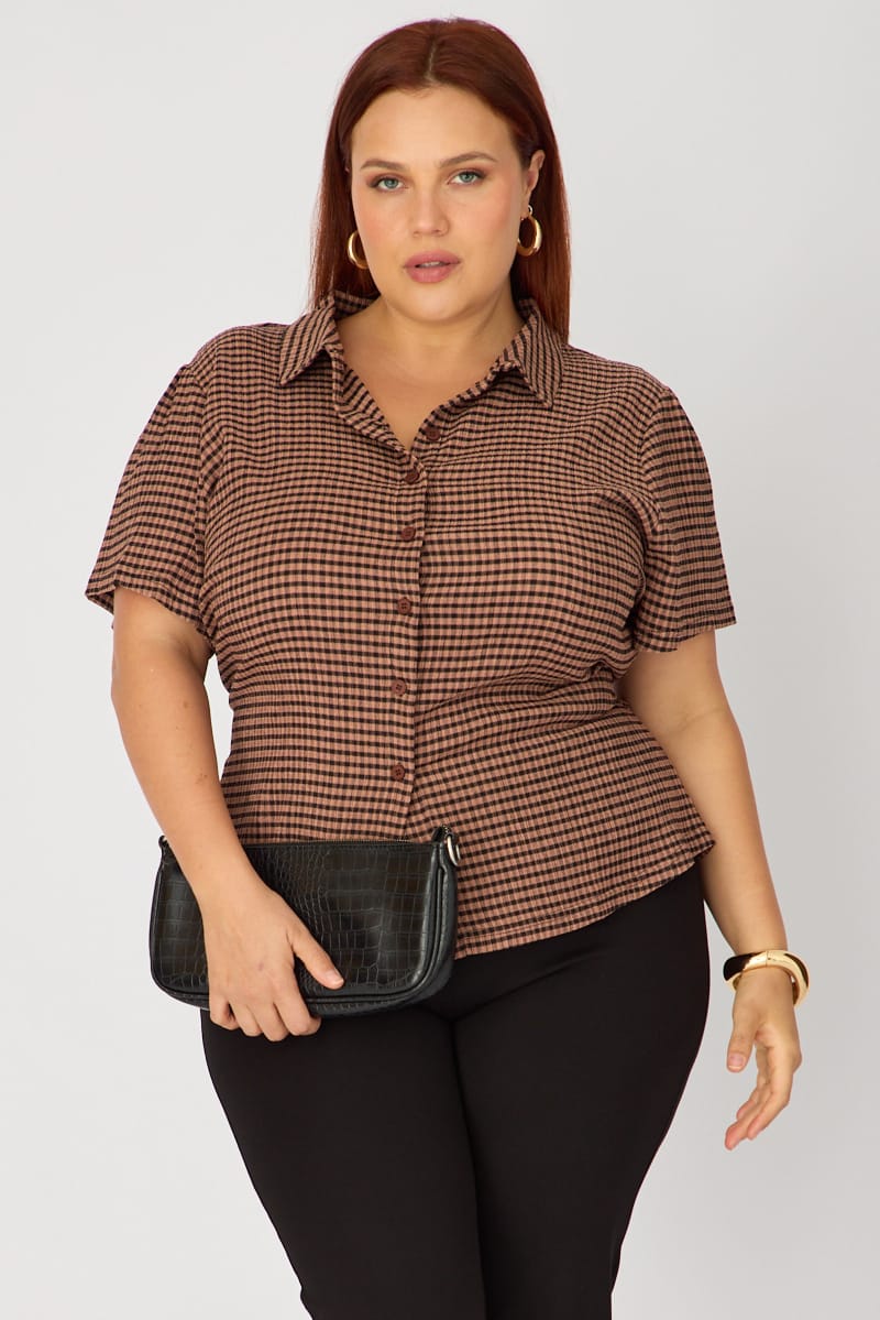 Brown Check Fitted Shirt Long Sleeve Tie Back for YouandAll Fashion