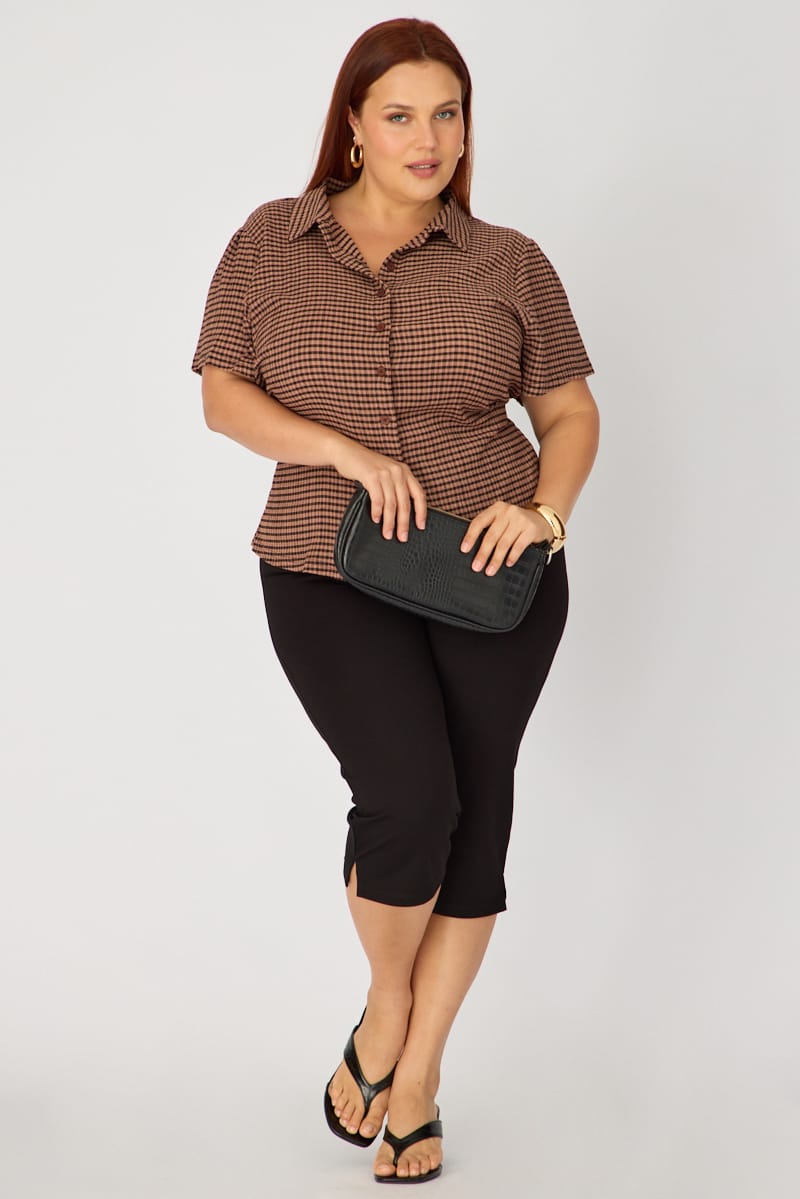 Brown Check Fitted Shirt Long Sleeve Tie Back for YouandAll Fashion