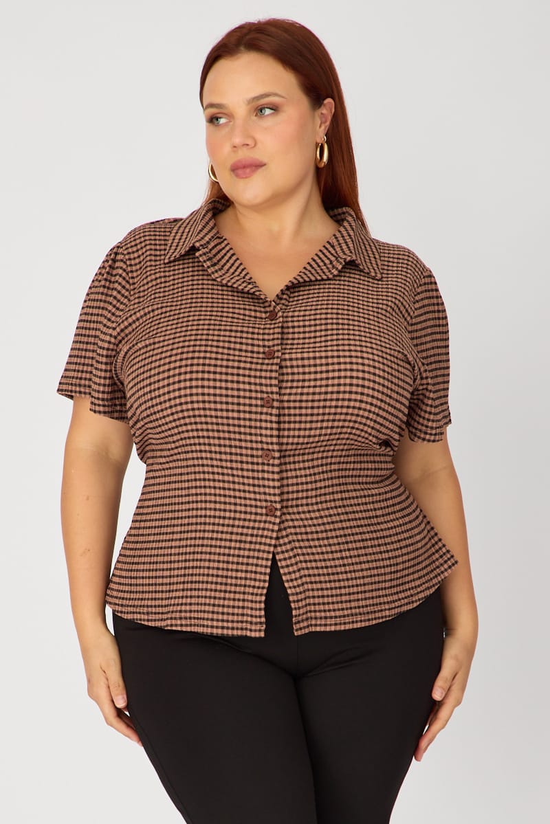 Brown Check Fitted Shirt Long Sleeve Tie Back for YouandAll Fashion