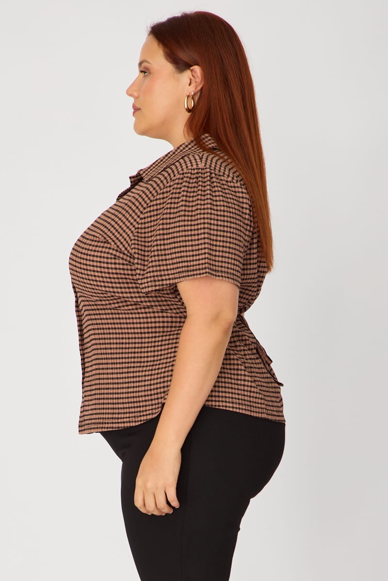 Brown Check Fitted Shirt Long Sleeve Tie Back for YouandAll Fashion
