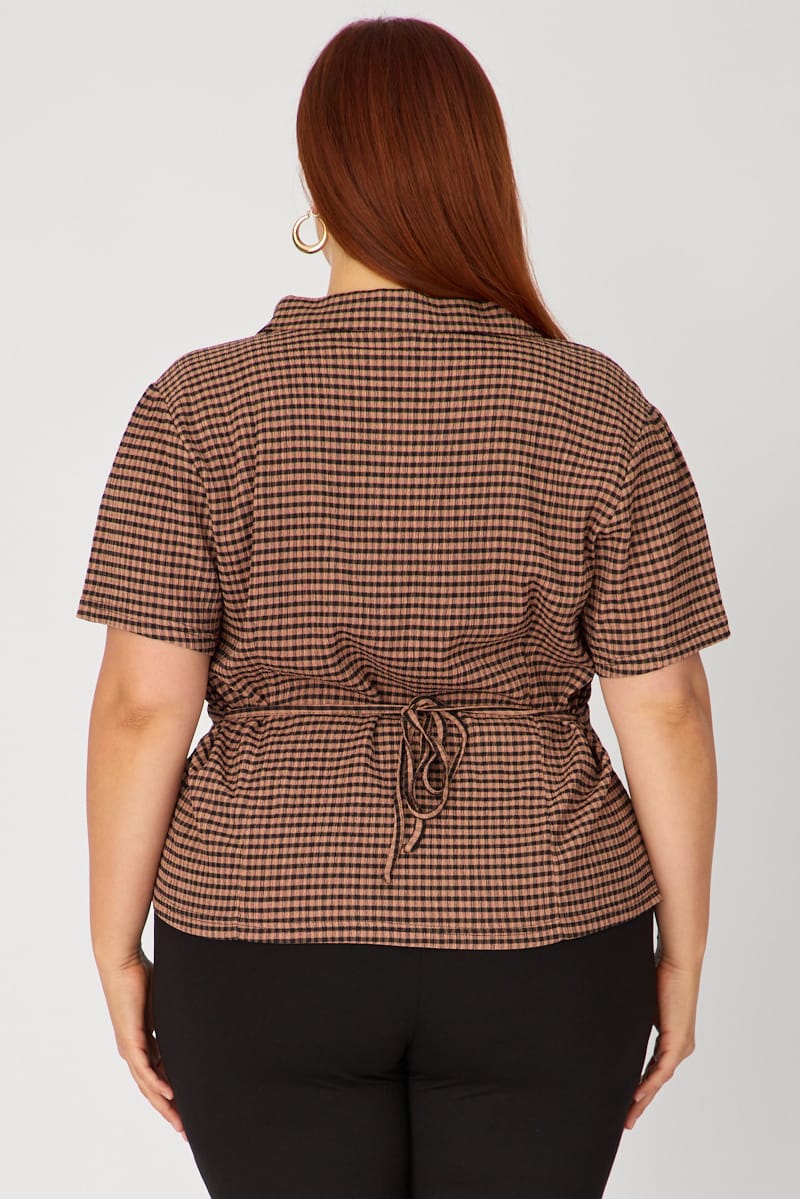 Brown Check Fitted Shirt Long Sleeve Tie Back for YouandAll Fashion