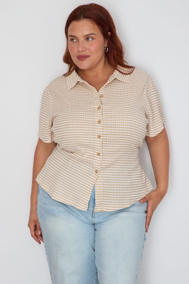 Beige Check Fitted Shirt Long Sleeve Tie Back for YouandAll Fashion