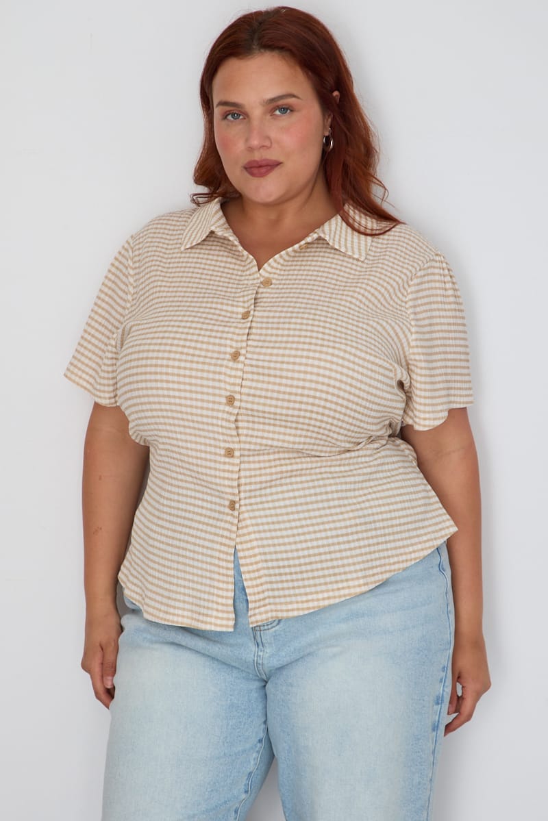 Beige Check Fitted Shirt Long Sleeve Tie Back for YouandAll Fashion