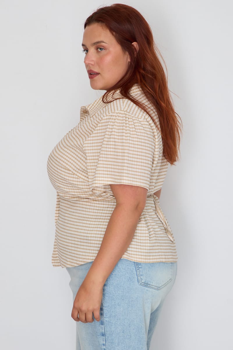 Beige Check Fitted Shirt Long Sleeve Tie Back for YouandAll Fashion