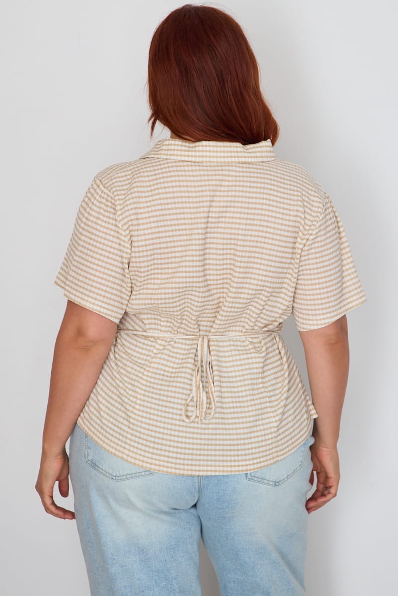 Beige Check Fitted Shirt Long Sleeve Tie Back for YouandAll Fashion