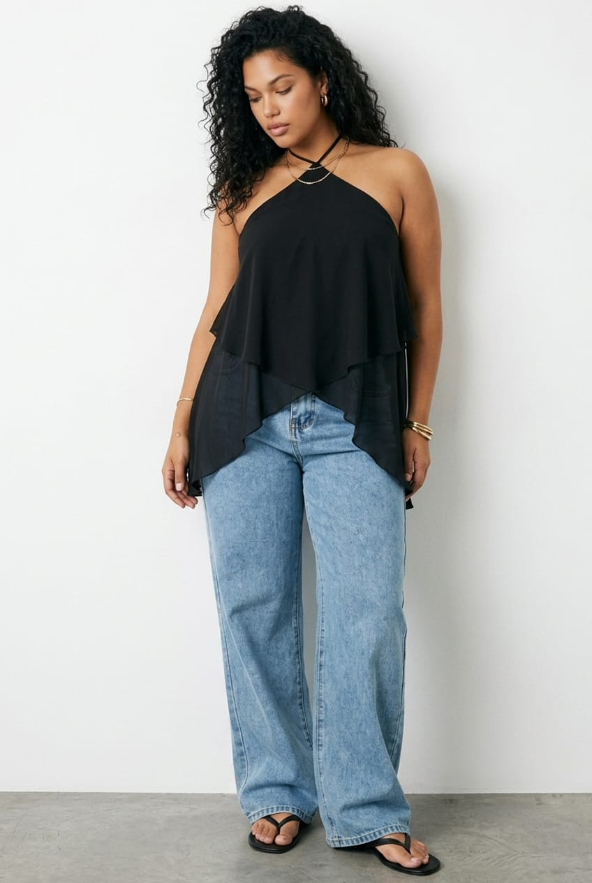 Black Chiffon Halter Top Layered for YouandAll Fashion