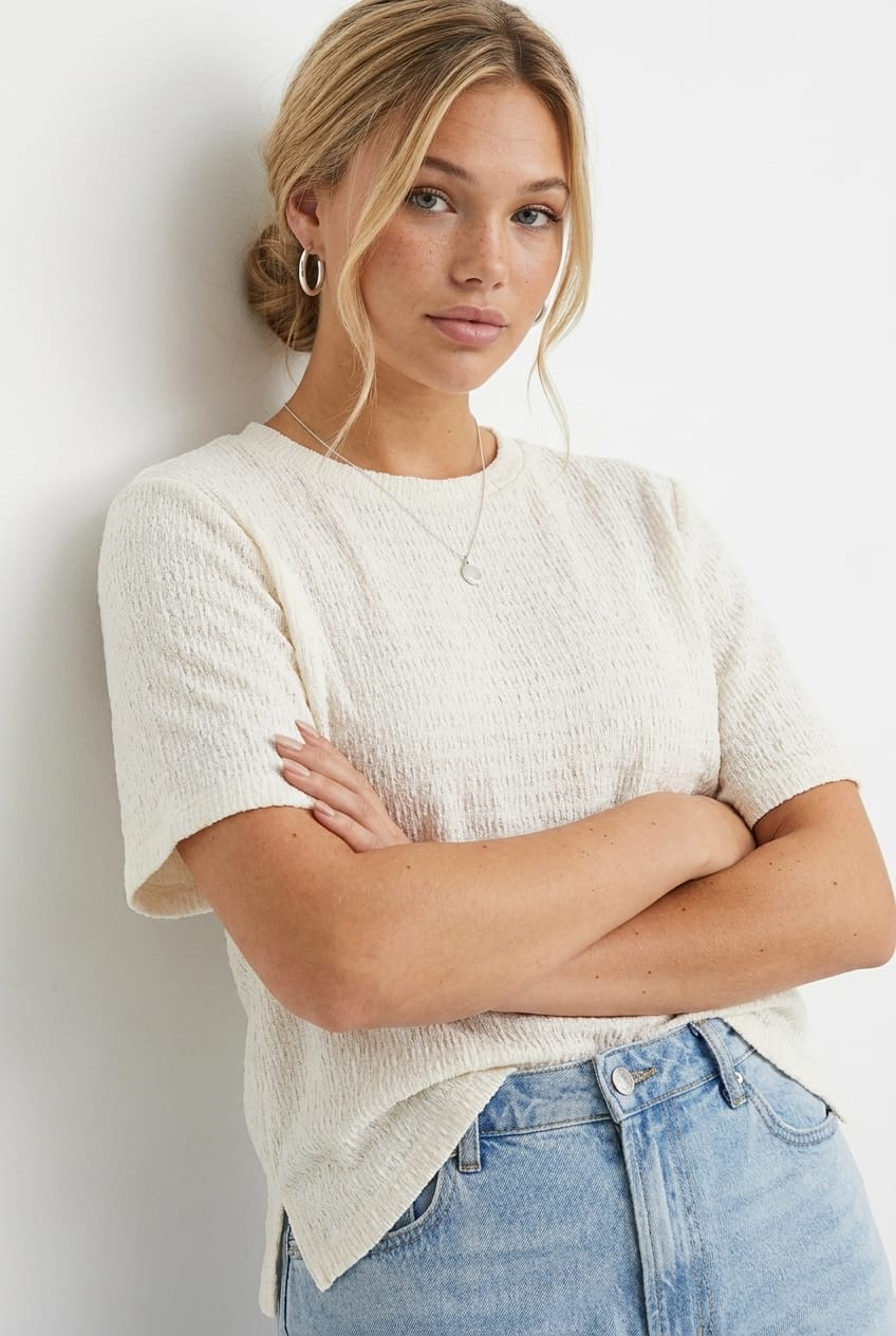 White Textured T-shirt Short Sleeve for YouandAll Fashion