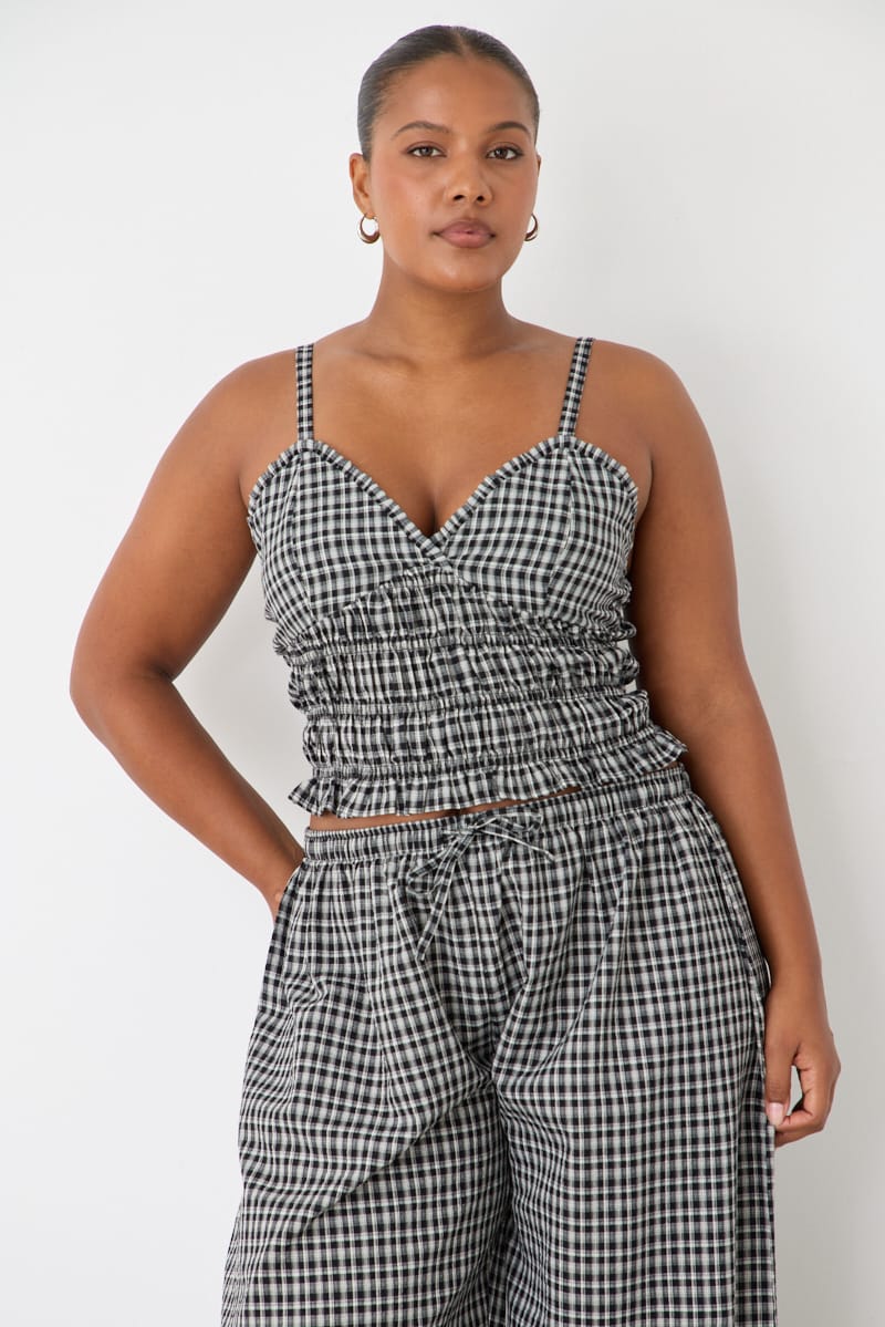 Black Check Shirred Cami Top Sleeveless for YouandAll Fashion