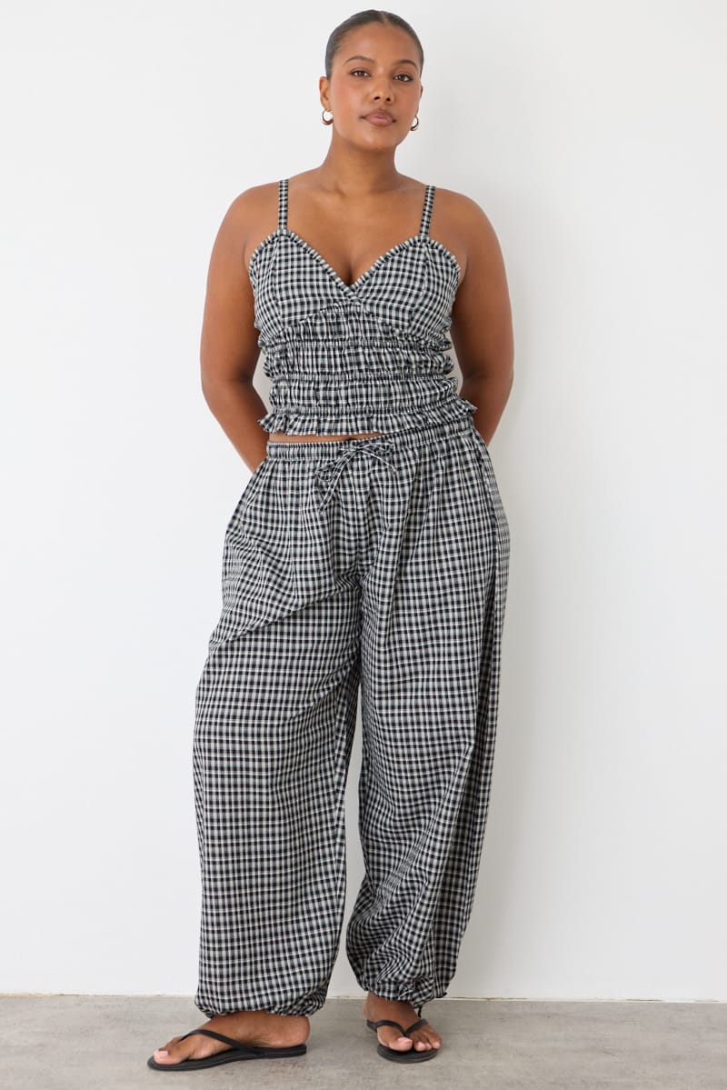Black Check Shirred Cami Top Sleeveless for YouandAll Fashion