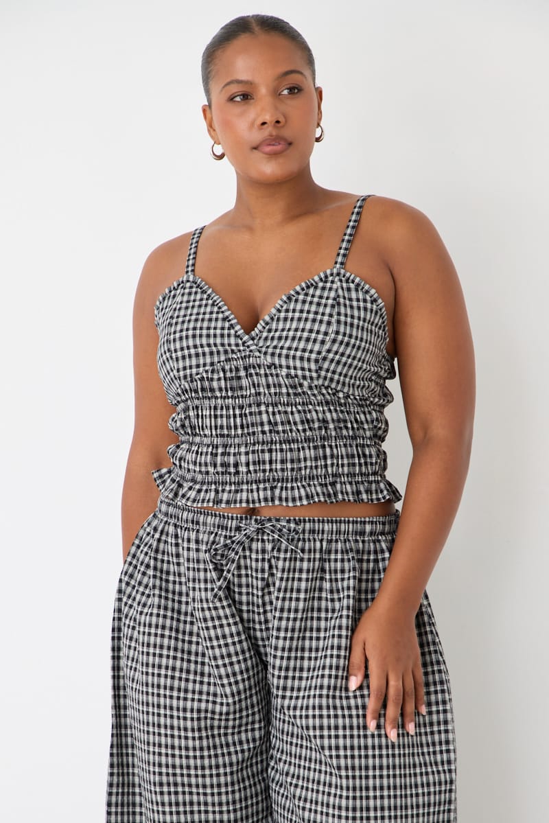 Black Check Shirred Cami Top Sleeveless for YouandAll Fashion