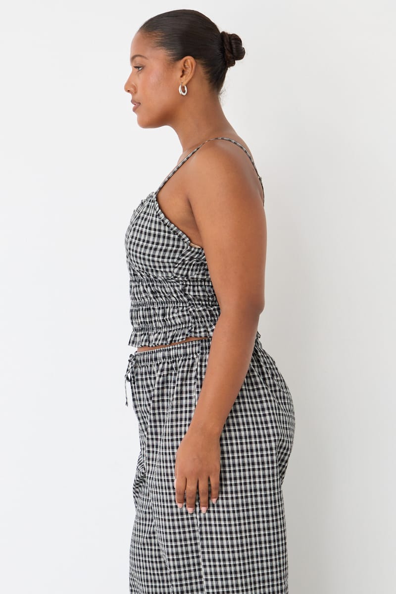 Black Check Shirred Cami Top Sleeveless for YouandAll Fashion