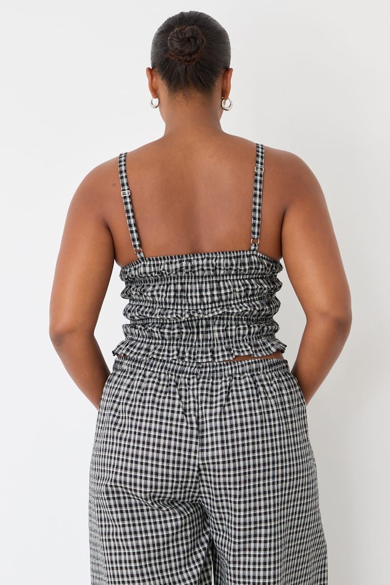 Black Check Shirred Cami Top Sleeveless for YouandAll Fashion