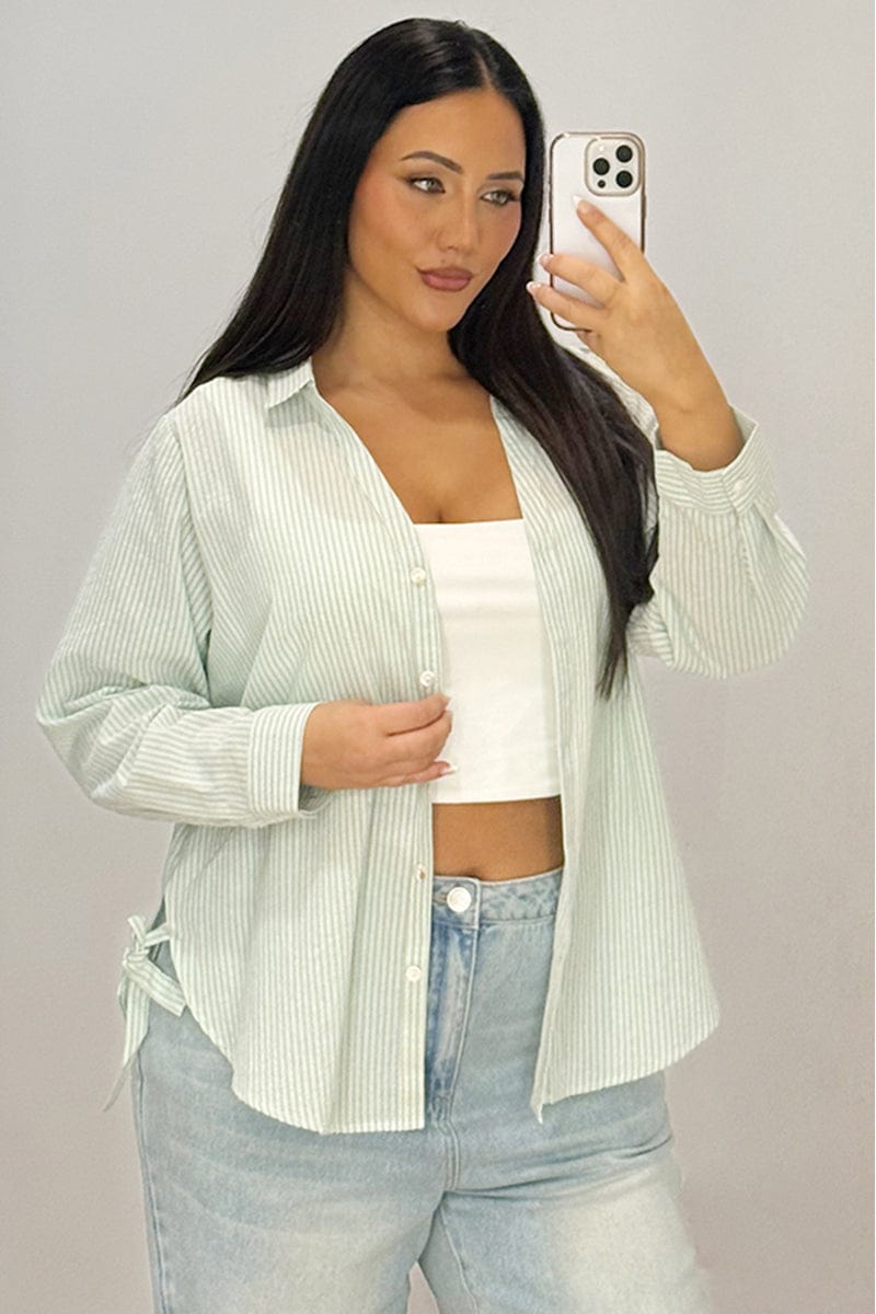 Green Stripe Relaxed Shirt Long Sleeve Side Ribbon for YouandAll Fashion