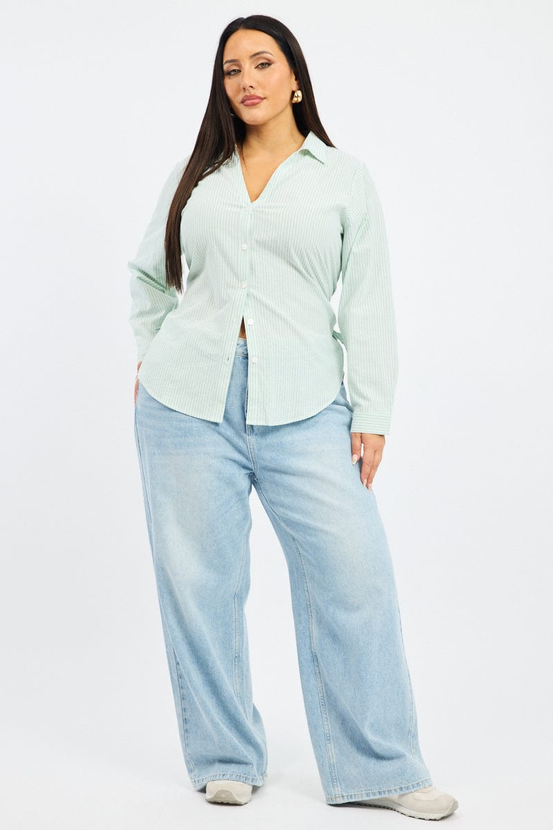 Green Stripe Relaxed Shirt Long Sleeve Side Ribbon for YouandAll Fashion