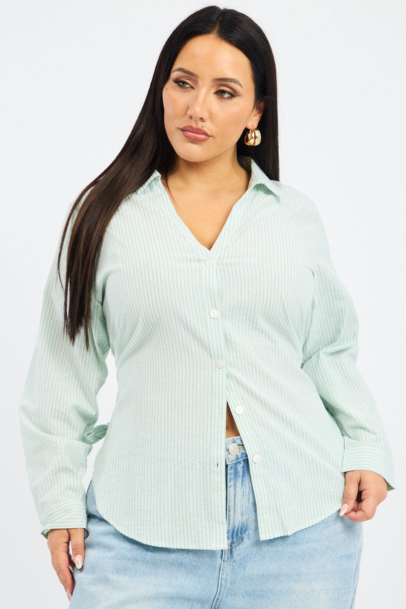 Green Stripe Relaxed Shirt Long Sleeve Side Ribbon for YouandAll Fashion