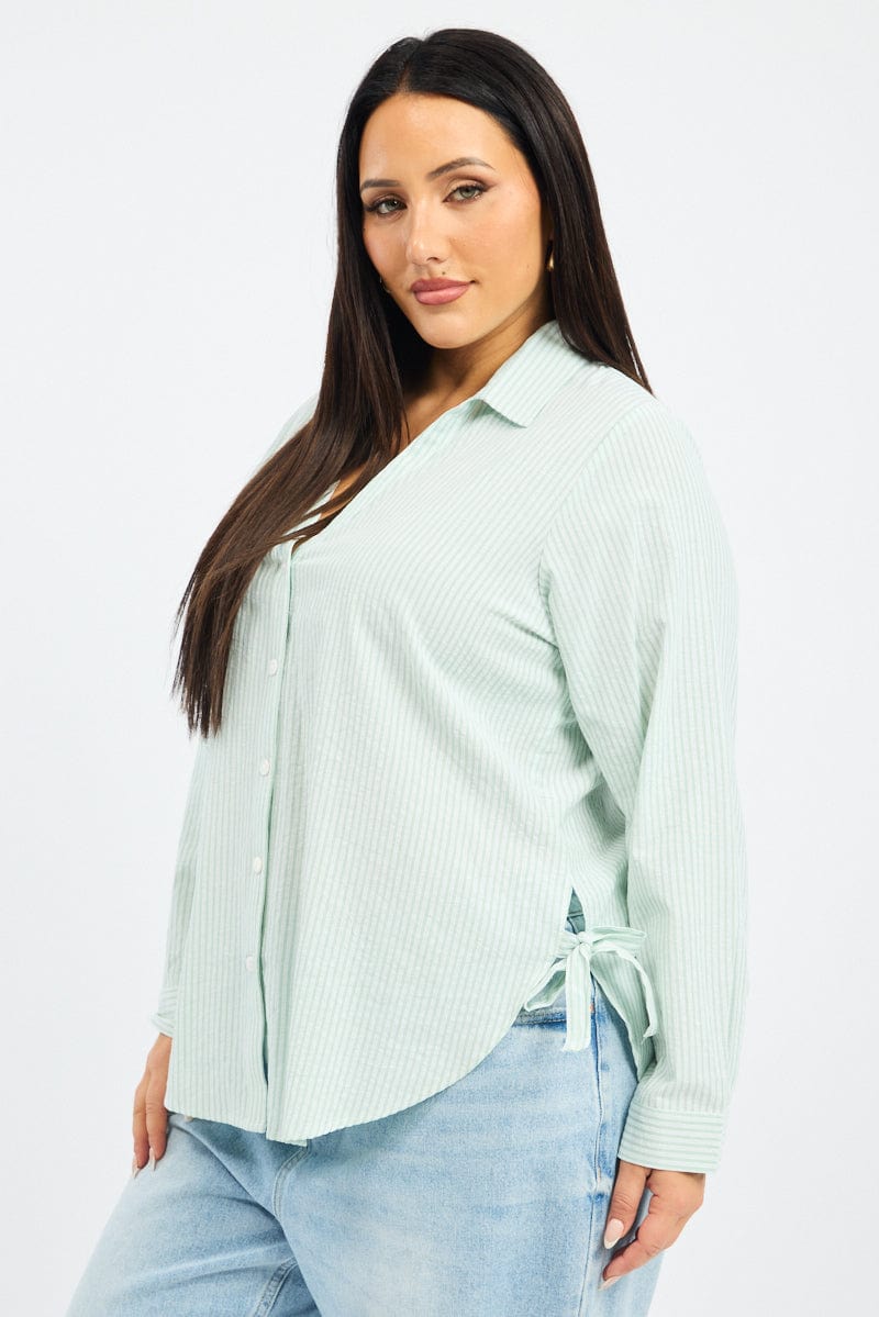 Green Stripe Relaxed Shirt Long Sleeve Side Ribbon for YouandAll Fashion