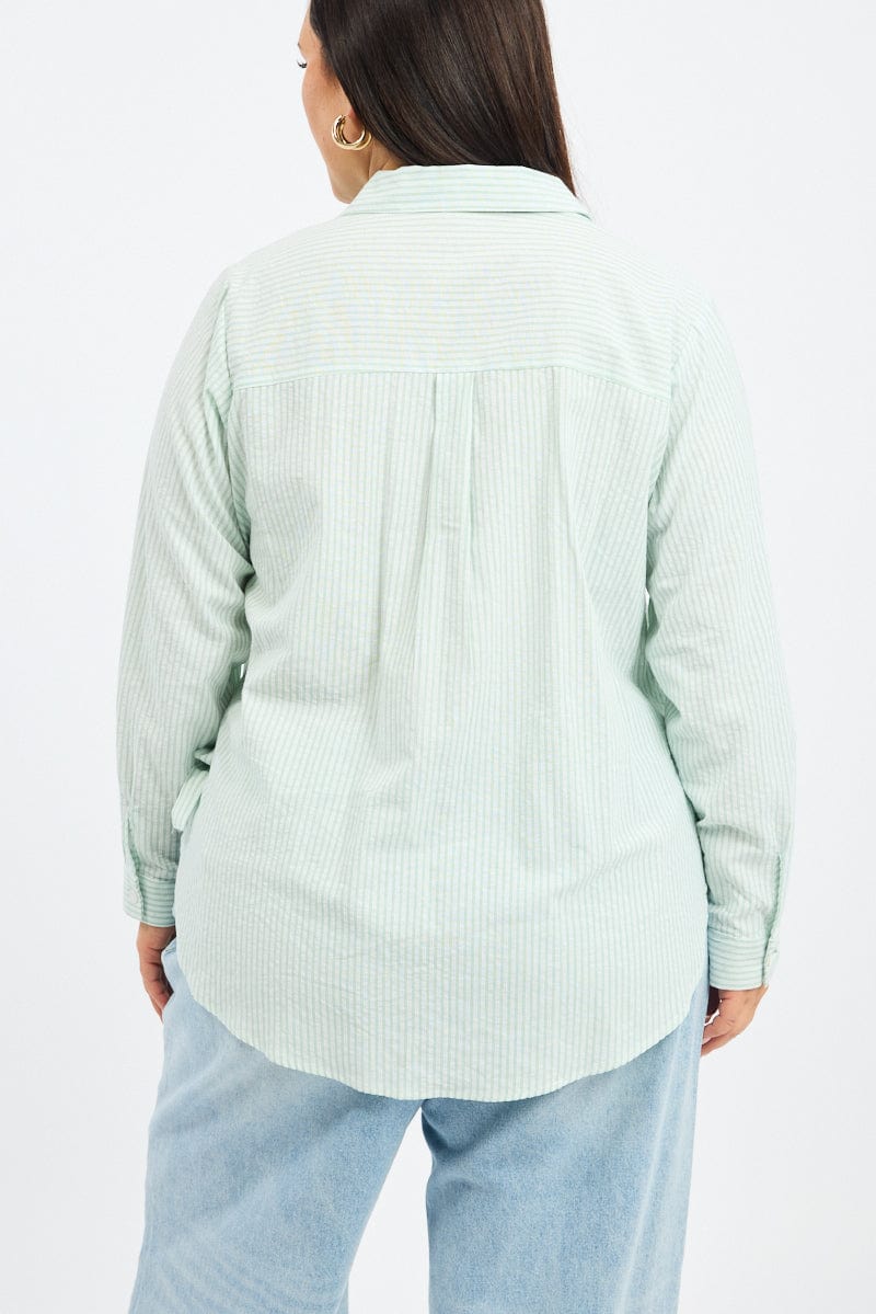 Green Stripe Relaxed Shirt Long Sleeve Side Ribbon for YouandAll Fashion