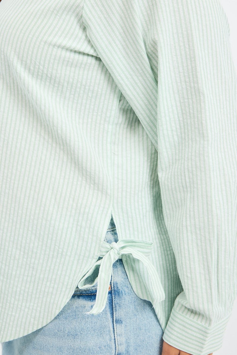 Green Stripe Relaxed Shirt Long Sleeve Side Ribbon for YouandAll Fashion