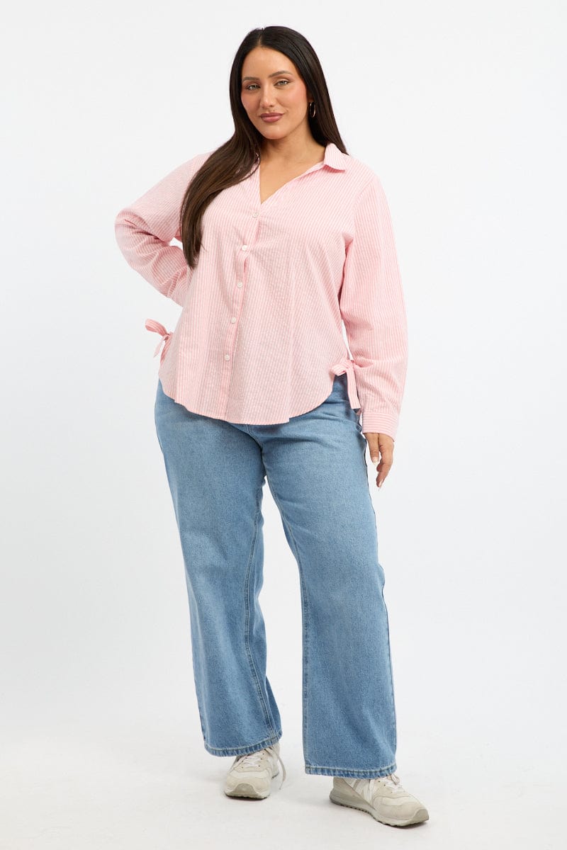 Orange Stripe Relaxed Shirt Long Sleeve Side Ribbon for YouandAll Fashion