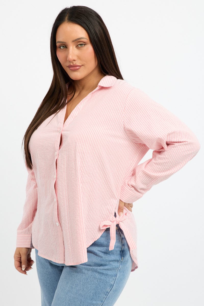 Orange Stripe Relaxed Shirt Long Sleeve Side Ribbon for YouandAll Fashion