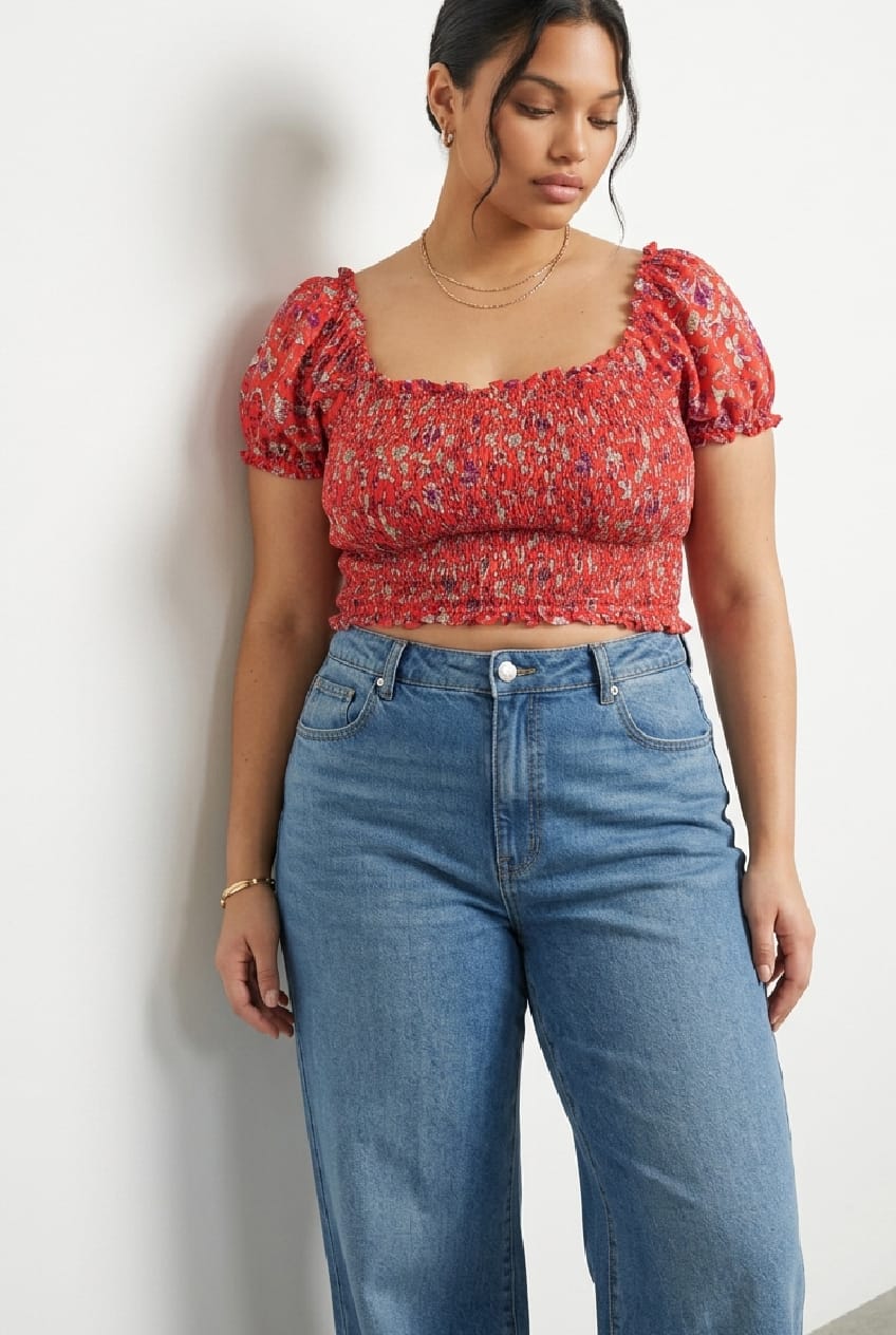 Red Boho Crop Top Short Sleeve Shirred
