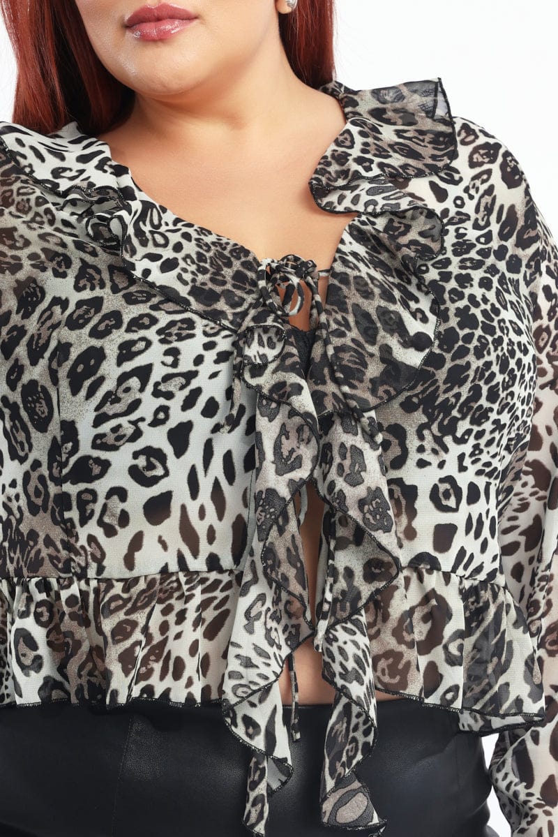 Brown Animal Print Ruffle Top Long Sleeve Chiffon for YouandAll Fashion