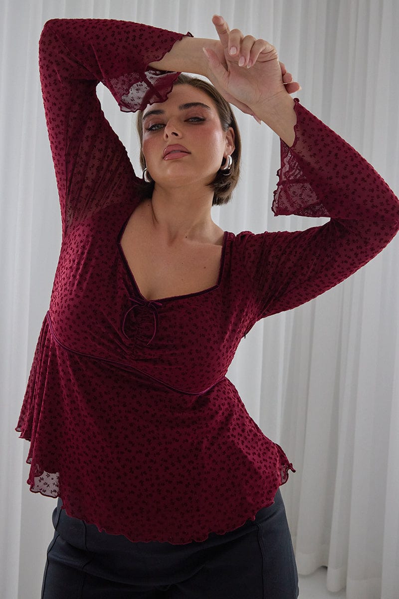 Red Peplum Top Long Sleeve Bow Front for YouandAll Fashion