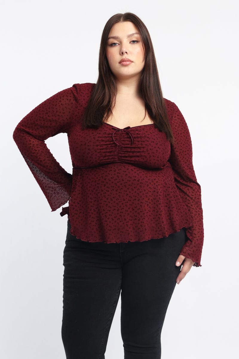 Red Peplum Top Long Sleeve Bow Front for YouandAll Fashion