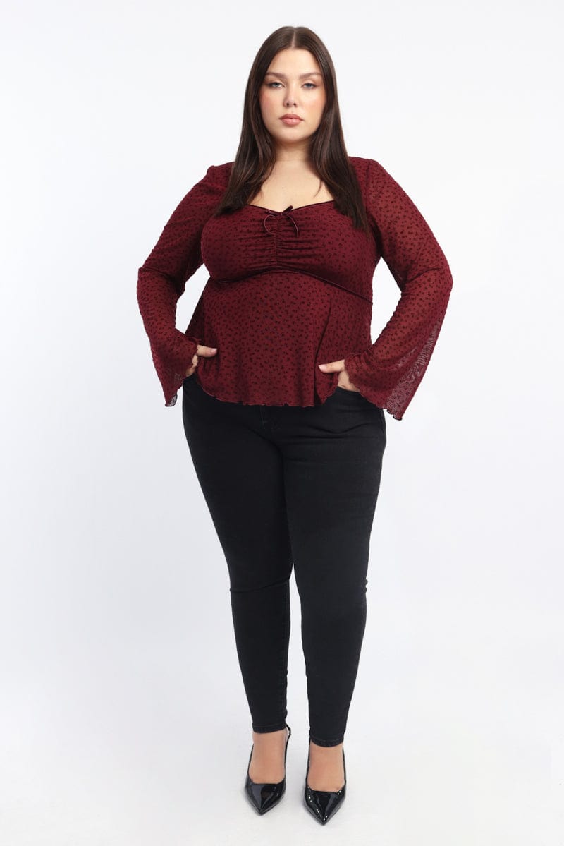 Red Peplum Top Long Sleeve Bow Front for YouandAll Fashion