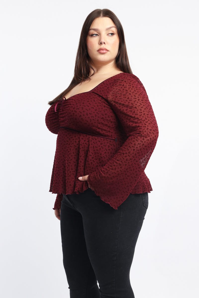 Red Peplum Top Long Sleeve Bow Front for YouandAll Fashion