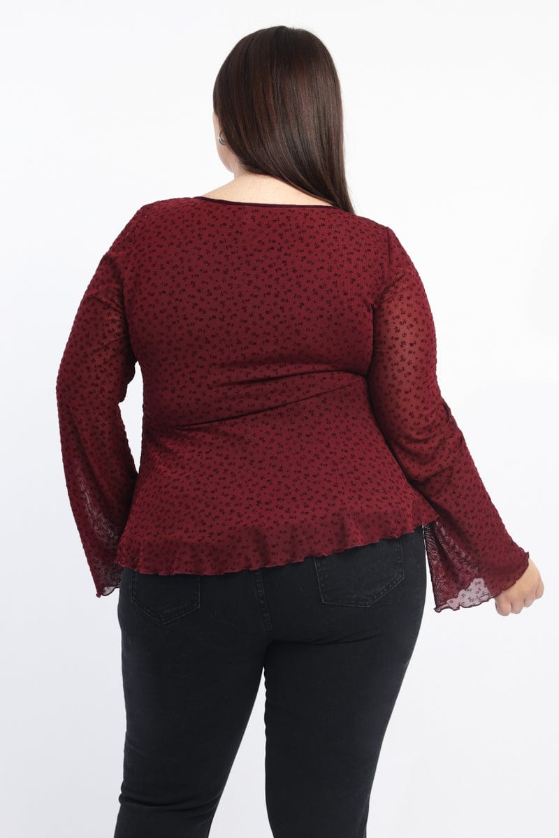 Red Peplum Top Long Sleeve Bow Front for YouandAll Fashion