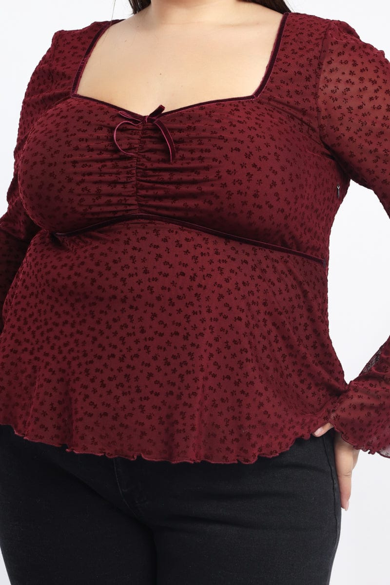 Red Peplum Top Long Sleeve Bow Front for YouandAll Fashion