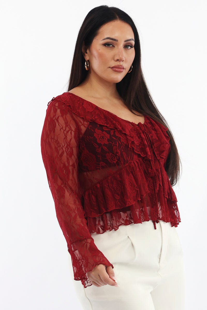 Red Rafflesia Top Red Ruffle Top Long Sleeve Lace | You & All