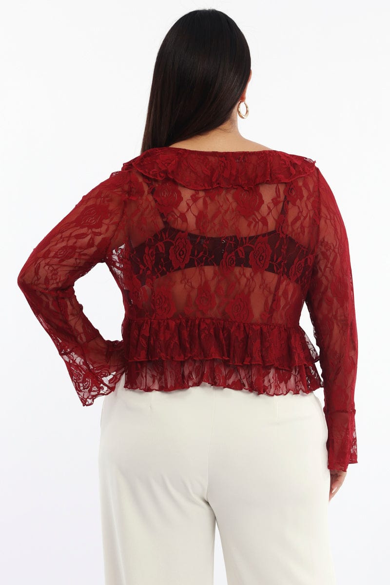 Red Rafflesia Top Red Ruffle Top Long Sleeve Lace | You & All